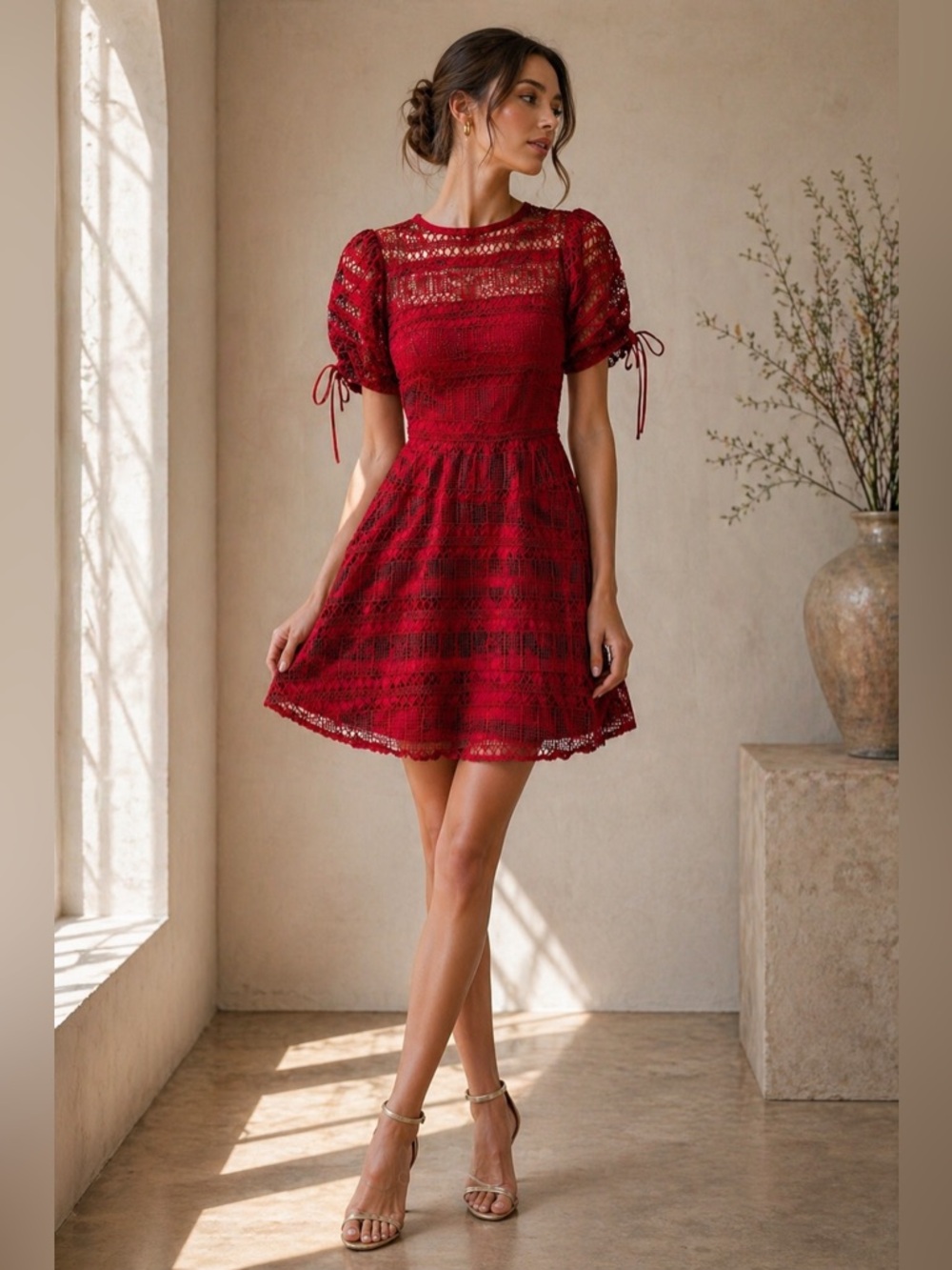 Tularosa  Red cherry Lace Netted Short Sleeve Mini Dress S New